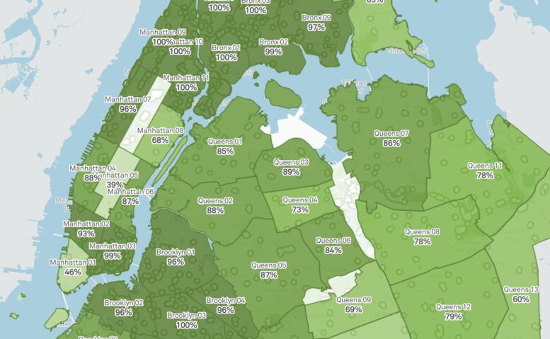 Percentage of population within a 10 minute walk of an athletic field, sport court, or skate park. Courtesy of nycgovparks.org